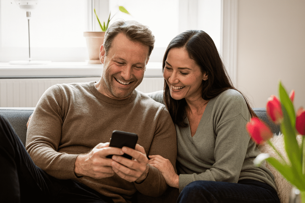 Happy couple relaxing at home after finding more time to buy a home in today’s market.